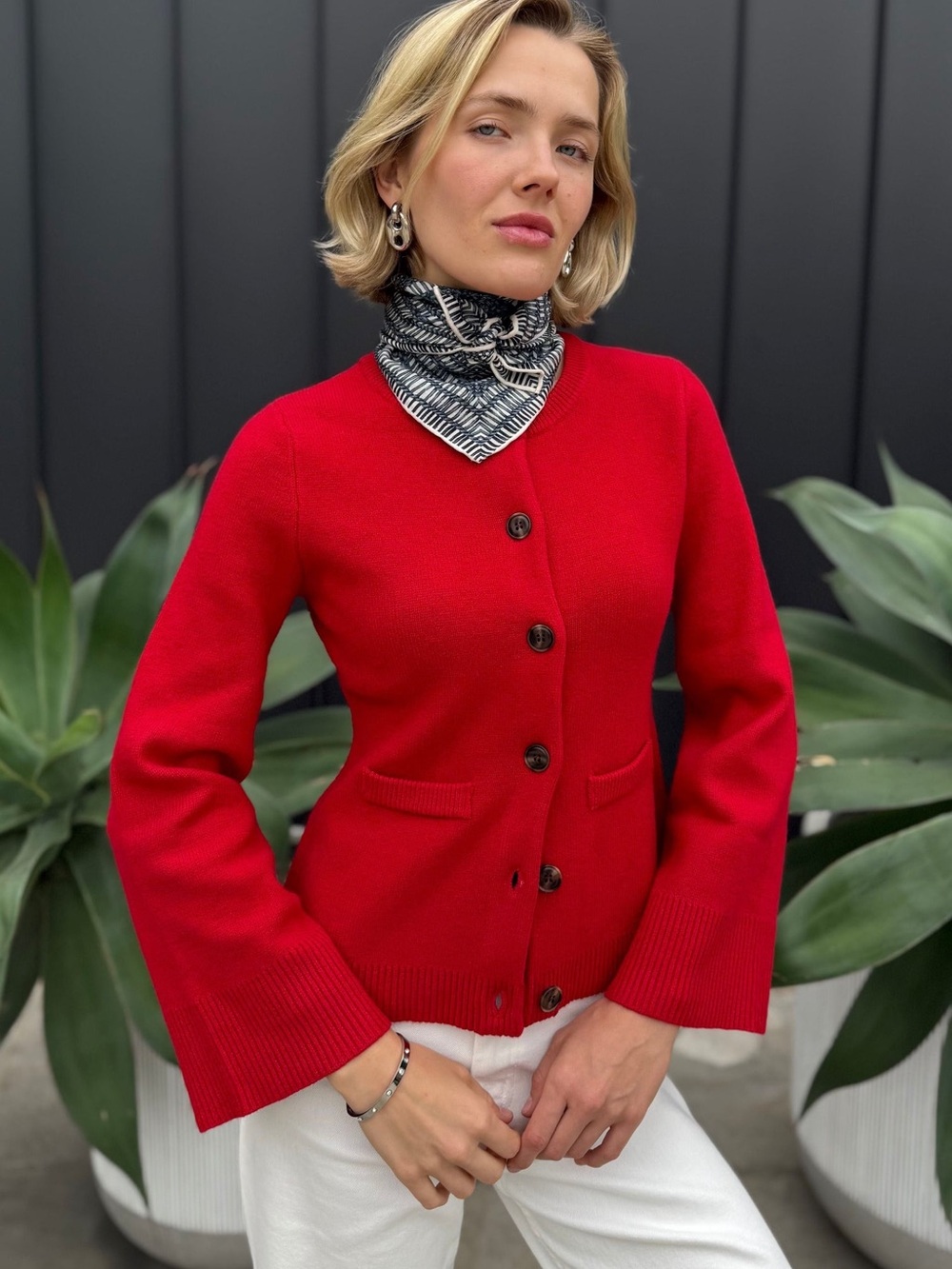 Women's Red Button-Front Blazer-Style Knit Jacket